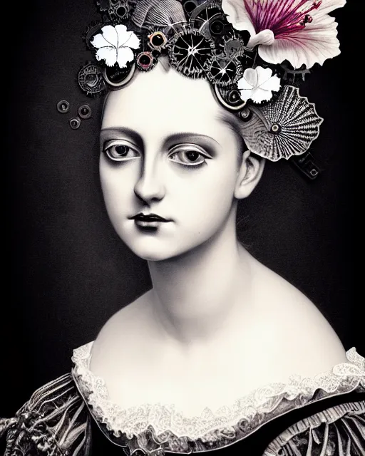Prompt: black and white masterpiece profile portrait painting with no frame, dutch masters, silver lace floral steampunk biomechanical beautiful one techno eye young female cyborg, big monocular, volumetric light, hibiscus flowers, by dora maar, rim light, big gothic fashion pearl embroidered collar, 8 k