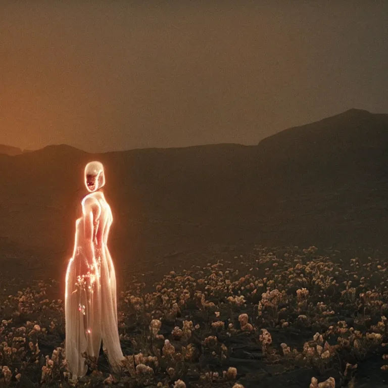 Image similar to The full body shot of beautiful pale woman with many flowers and full-face black mask with glowing halo inside a thick black smoke in rocky desert landscape, glowing eyes, falling star on the background, burning earth by Christopher Doyle, Gaspar Noe, Alejandro Jodorowsky, anamorphic lens, cinematic composition, award winning photo, 8k