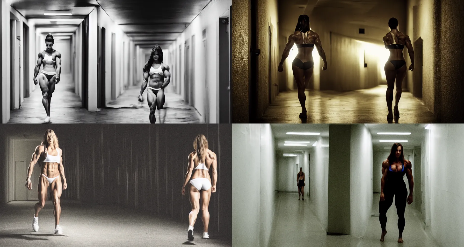 Prompt: A very muscular woman in white walking on dark hallway at midnight, Close up, Front view, film still