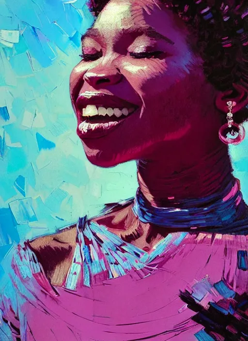 Image similar to portrait of a beautiful black woman, smiling, ecstatic, dancing, eyes closed, open mouth, shades of pink and blue, beautiful face, rule of thirds, intricate outfit, spotlight, by greg rutkowski, by jeremy mann, by francoise nielly, by van gogh, digital painting