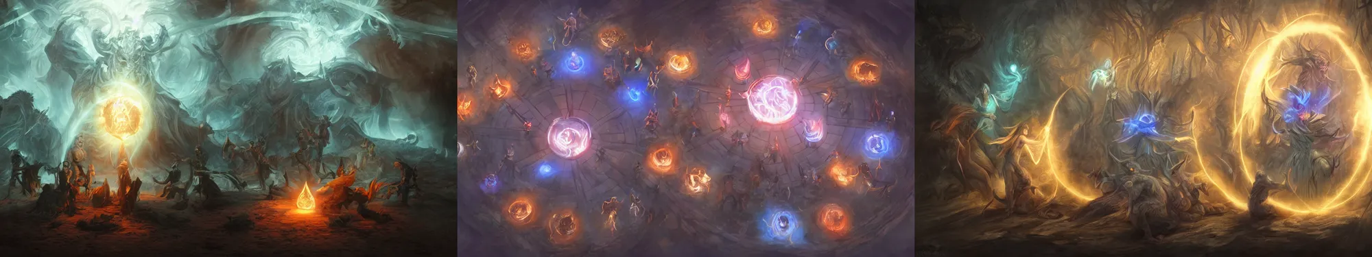 Prompt: mages in circle summoning an evil beast. lighting, flux. fantasy, digital painting, hd, highly detailed.