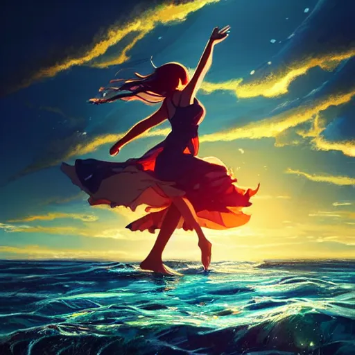 Image similar to A girl dancing on water, evokes feelings of joy, beautiful flowing fabric, sunset, dramatic angle, realistic and detailed, by studio trigger, pixiv dslr photo by Makoto Shinkai rossdraws and Wojtek Fus