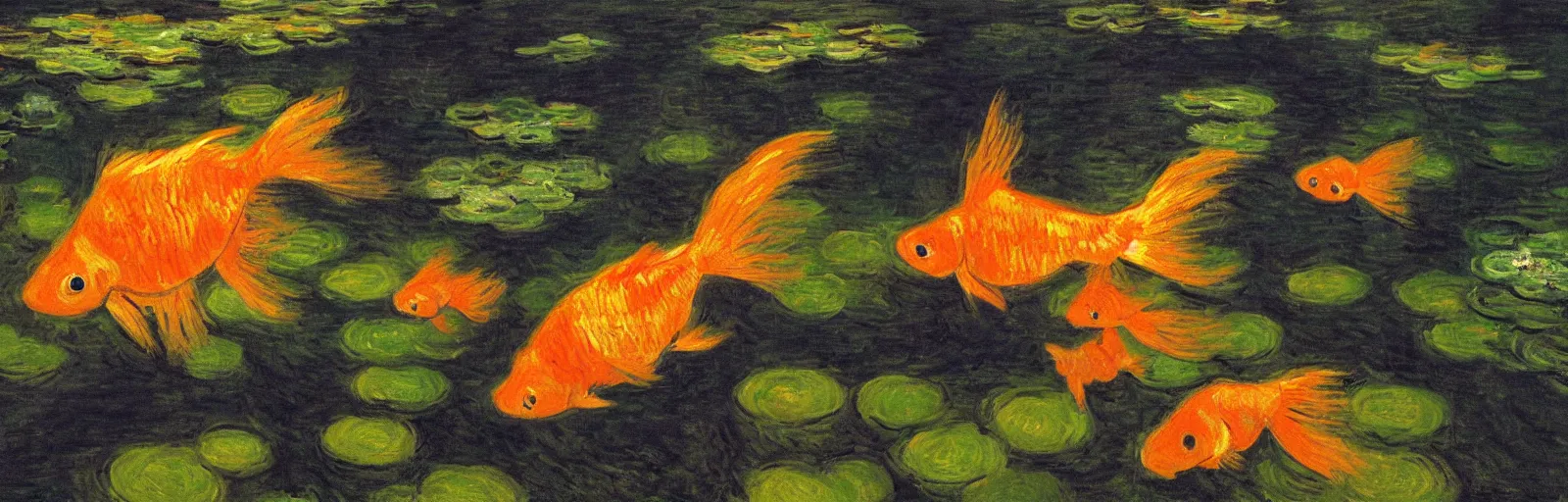 Image similar to An aesthetically pleasing, dynamic, energetic, lively, well-designed digital art of goldfish in a pond viewed from underwater, light and shadow, chiaroscuro, by Claude Monet and Vincent Van Gogh, superior quality, masterpiece, excellent use of negative space. 8K, superior detail, widescreen.