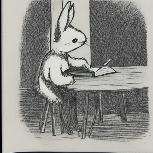 Prompt: a cute cartoon rabbit sitting at a table and writing on a notebook, Children's Book Illustration, Antoine de Saint-Exupéry