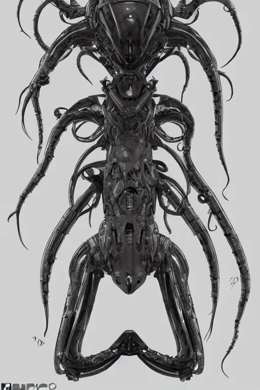 Prompt: very symmetrical!! cyborg space octopus with gunmetal grey skin, muscular system diagram, cyberpunk face, highly detailed, japanese, mecha asthetic, mechanical implants, three - view reference sheet ( front / back / side ), in the style of dan ouellette, dren from splice, hr giger, sil from species, artstation, unreal engine