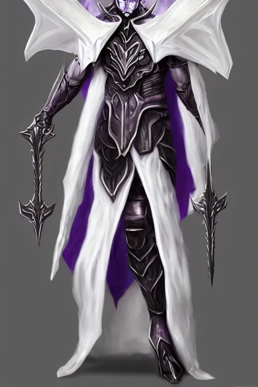 Image similar to human male demon, full body white purple cloak, hero, heavy scale armor, character concept art, costume design, black eyes, white horns, trending on artstation, Artgerm , WLOP