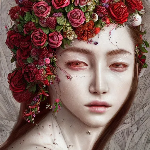 Image similar to the portrait of an absurdly beautiful, graceful, elegant, sophisticated, fashionable young woman made of strawberries and white petals looking down, an ultrafine hyperdetailed illustration by kim jung gi, irakli nadar, intricate linework, bright colors, octopath traveler, final fantasy, unreal engine 5 highly rendered, global illumination, radiant light, detailed and intricate environment