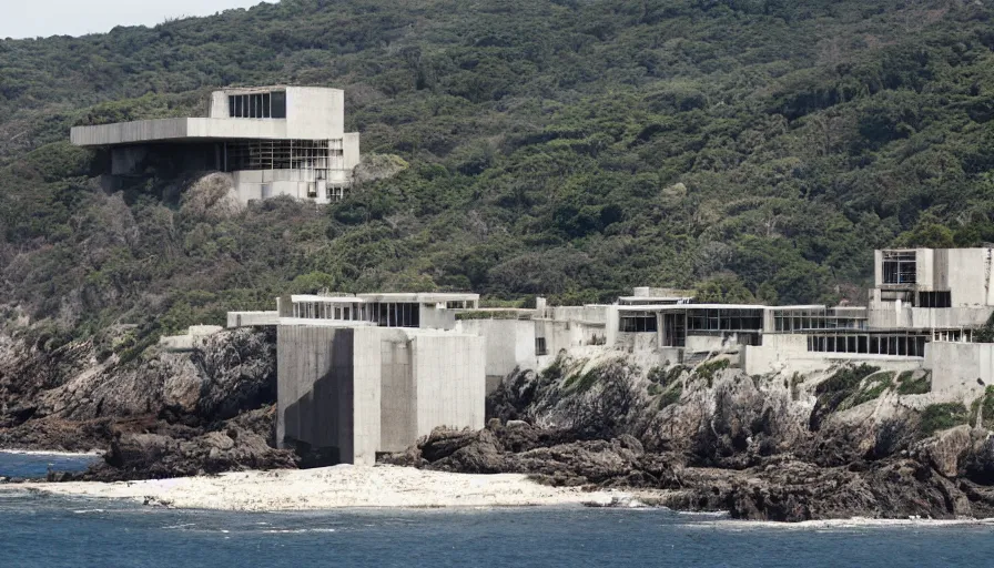 Prompt: big base brutalist perched on a cliff overlooking a magnificient bay, brutalism architecture on cliffs, drawing architecture, pritzker architecture prize, greig fraser