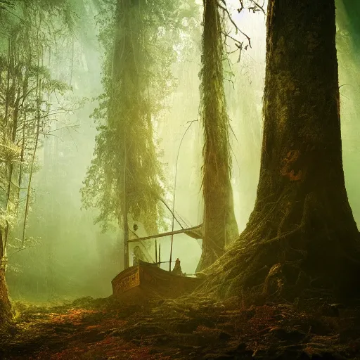 Prompt: a pirate ship in a forest, atmospheric lighting
