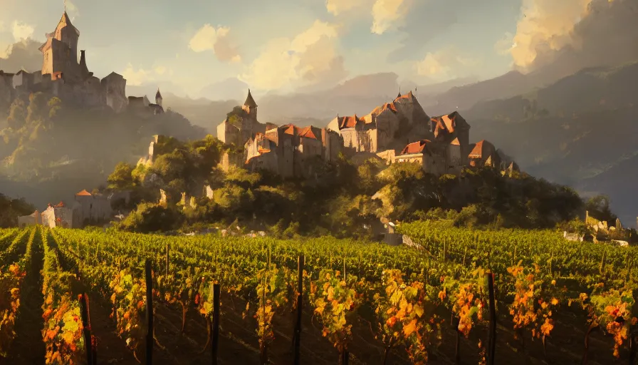 Image similar to a beautiful establishing shot of toussaint castle and vineyards, warm colors by greg rutkowski and kalin popov, trending on artstation, masterpiece,