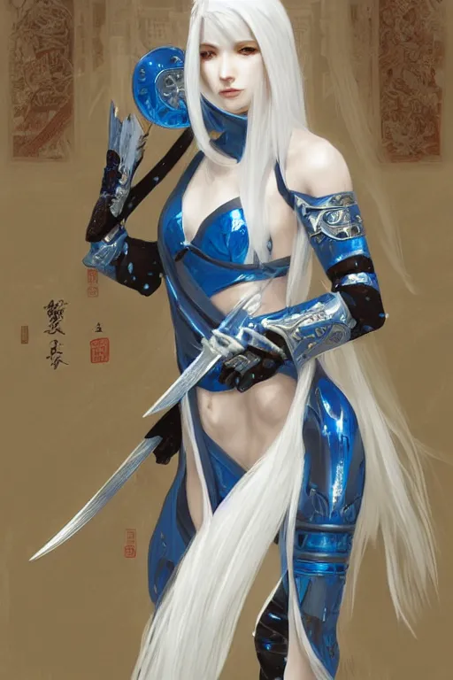 Prompt: portrait white hair Ninja gaiden girl, armored white and blue ninja wardrobe, in ruin japanese rainny temple night, ssci-fi and fantasy, intricate and very very beautiful and elegant, highly detailed, digital painting, artstation, concept art, smooth and sharp focus, illustration, art by tian zi and WLOP and alphonse mucha