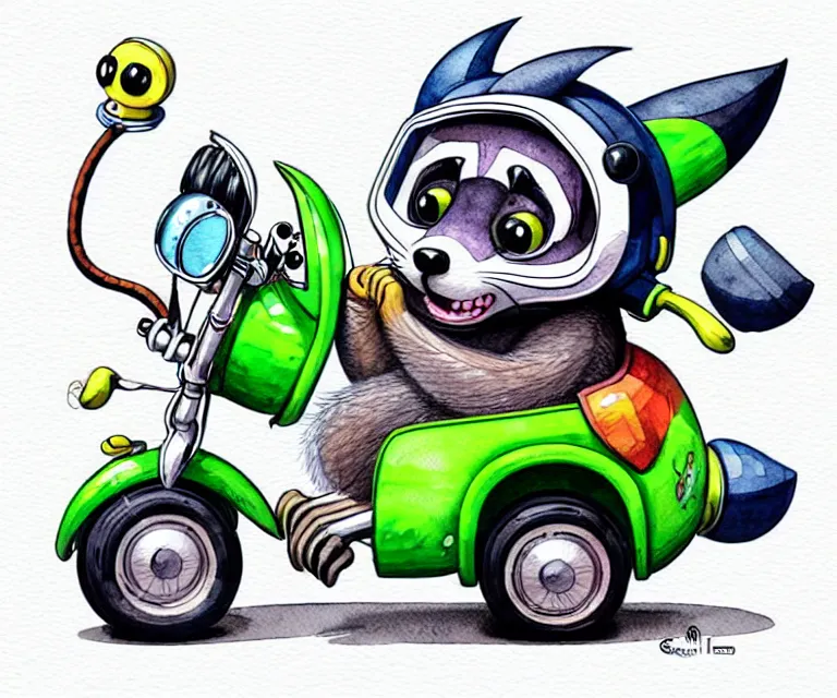 Image similar to cute and funny, racoon wearing a helmet riding in a tiny 2 0 1 7 infinti qx 8 0, ratfink style by ed roth, centered award winning watercolor pen illustration, isometric illustration by chihiro iwasaki, edited by range murata