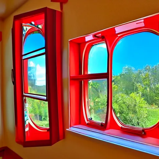 Image similar to Lightning McQueen-shaped balcony window from inside in the style of Lightning McQueen