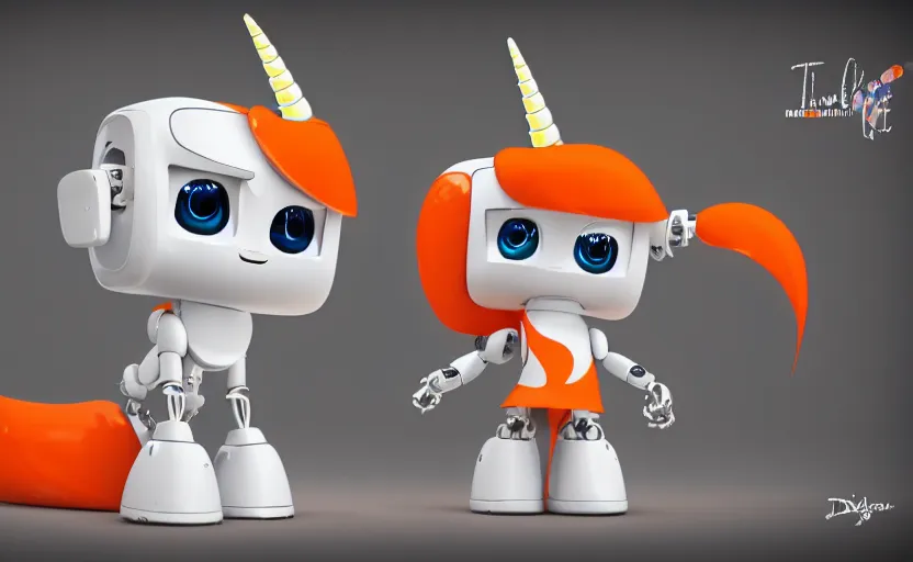 Image similar to cute robot unicorn, white and orange metal, in the style of Pixar, CGI, trending on art station, 8K