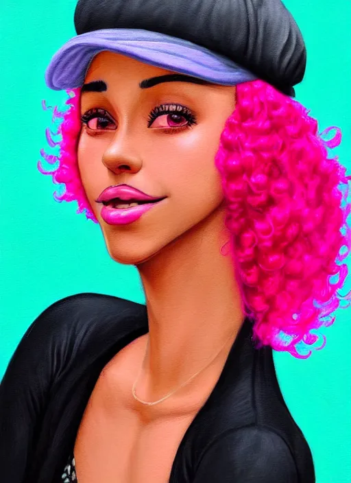 Image similar to portrait of teenage vanessa morgan with bright pink hair, black girl, curly pixie cut hair, wearing newsboy cap, pink short haircut, newsboy cap, hoop earrings, blue eyes, intricate, elegant, glowing lights, highly detailed, digital painting, artstation, concept art, smooth, sharp focus, illustration, art by wlop, mars ravelo and greg rutkowski