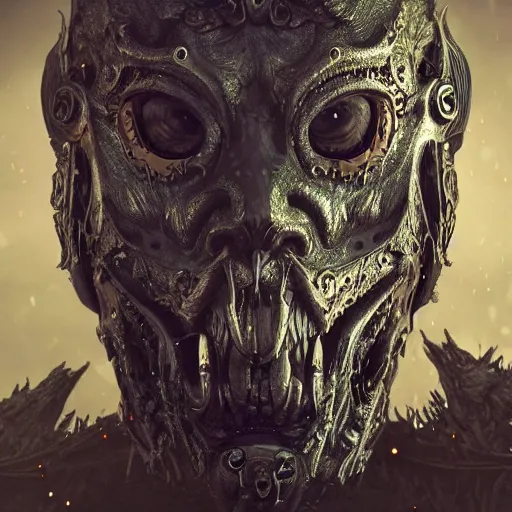 Image similar to Very very very very highly detailed epic photo of demonic face with venetian mask, intricate, dystopian, sci-fi, extremely detailed, digital painting, artstation, concept art, smooth, sharp focus, illustration, intimidating lighting, incredible art by Anton Pieck, Octane render in Maya and Houdini VFX