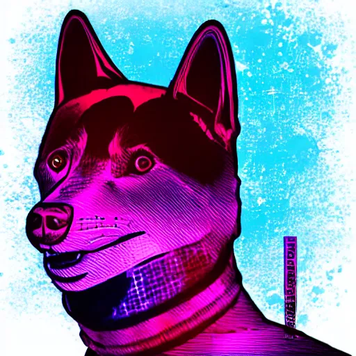 Image similar to a synthwave shiba inu in samurai armor, digital art