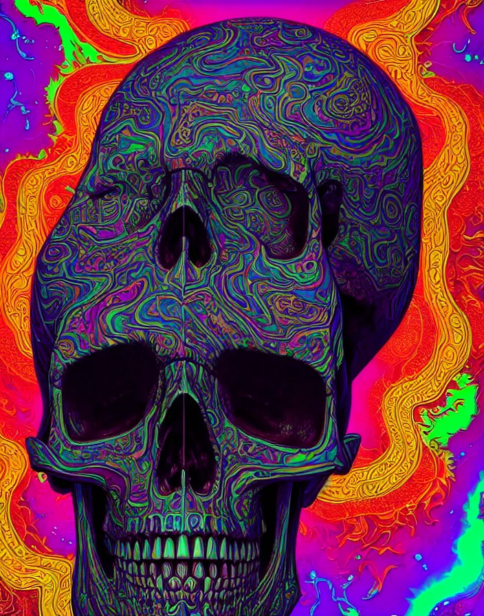 Image similar to portrait of a psychedelic skull. intricate abstract. intricate artwork. by Tooth Wu, wlop, beeple, dan mumford. octane render, trending on artstation, greg rutkowski very coherent symmetrical artwork. cinematic, hyper realism, high detail, octane render, 8k, depth of field, bokeh. dripping accents