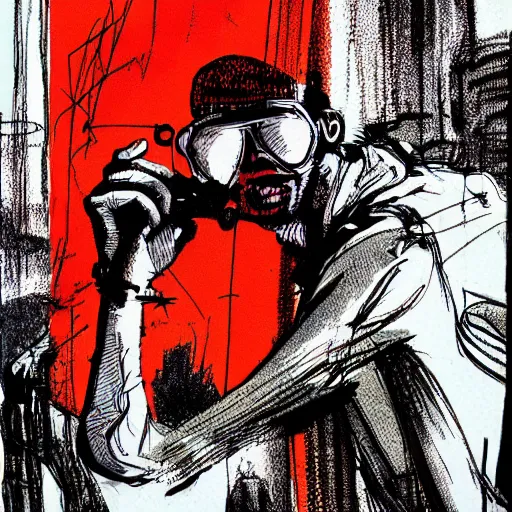 Image similar to Graphic Illustration, Creative Design, Banana man, Techwear, Cyberpunk, Full Body Portrait, Character Design, by Ralph Steadman, Francis Bacon, Hunter S Thompson