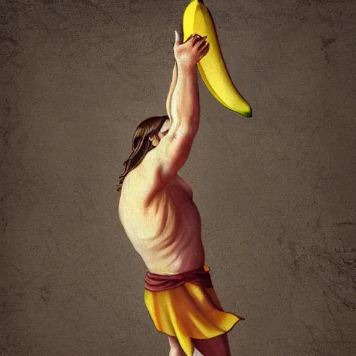 Image similar to jesus lifting a banana up into the air, digital art