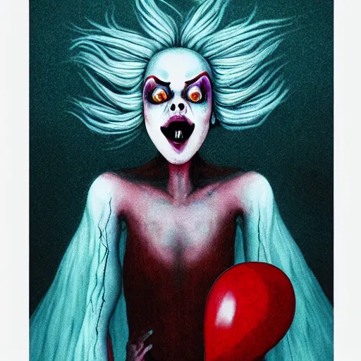 Prompt: pixel art of Billie eilish with a wide smile and a red balloon by Zdzisław Beksiński, loony toons style, pennywise style, corpse bride style, creepy lighting, horror theme, detailed, elegant, intricate, conceptual, volumetric light