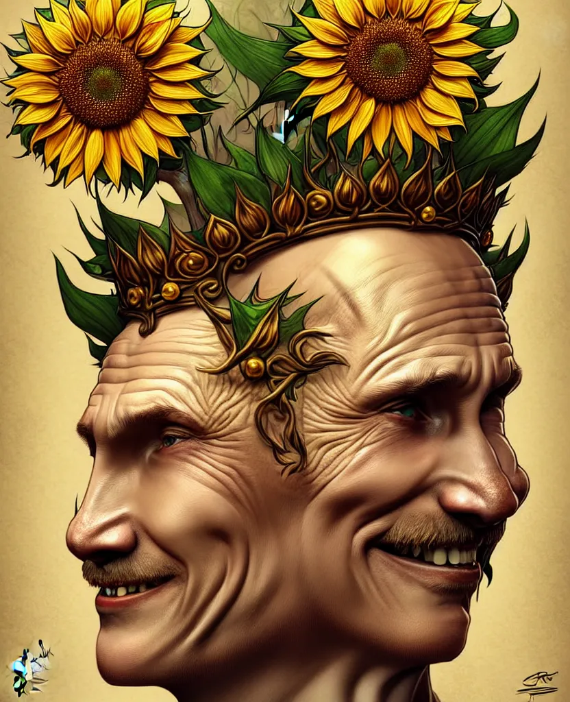 Image similar to digital art, centered full body of Putin smiling king, Sunflower crown, ,intricate, veins, by James Jean and by artgerm , by ross tran ultradetailed, charachter design, concept art, trending on artstation,