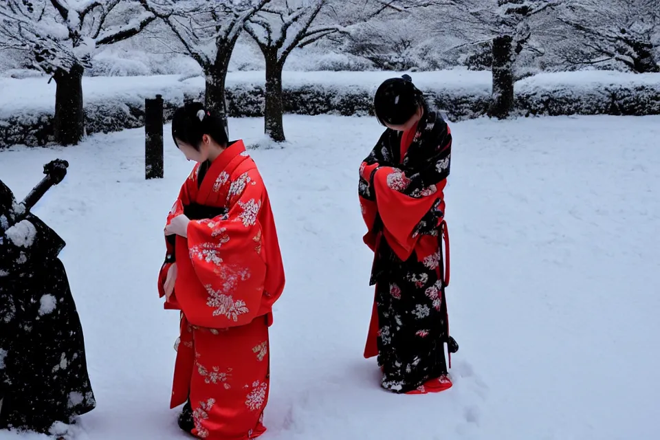 Prompt: The Japanese ronin cuddled the kimono girl who bowed her head in the middle of the night, covered with snow.