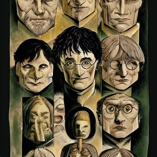 Prompt: in one frame Harry Potter with Sandman, symmetrical faces, beautiful faces, by Neil Gaiman, by Dave McKean, comics Sandman, small details, clear faces, high detail