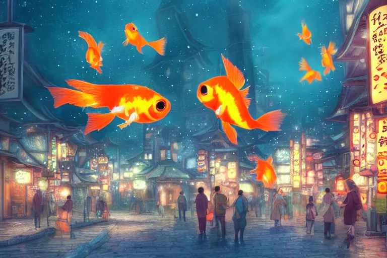 Image similar to fantasy art of glowing goldfish swimming in the air, in the streets of a japanese town at night, with people watching in wonder, by studio ghibli, highly detailed digital art, trending on artstation