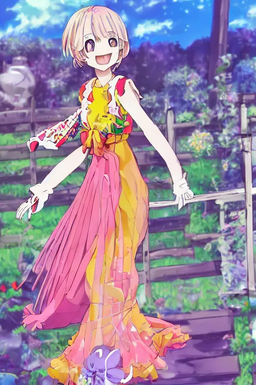 Image similar to a very cute art of a smiling anime girl idol wearing a colorful dress, walking at the garden, walking over a skeleton, in the style of anime, near a stone gate