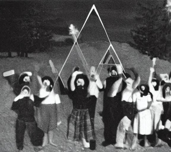 Image similar to creepy duck mask cultists performing a ritual to levitate triangles, old grainy damaged photo 3 5 mm