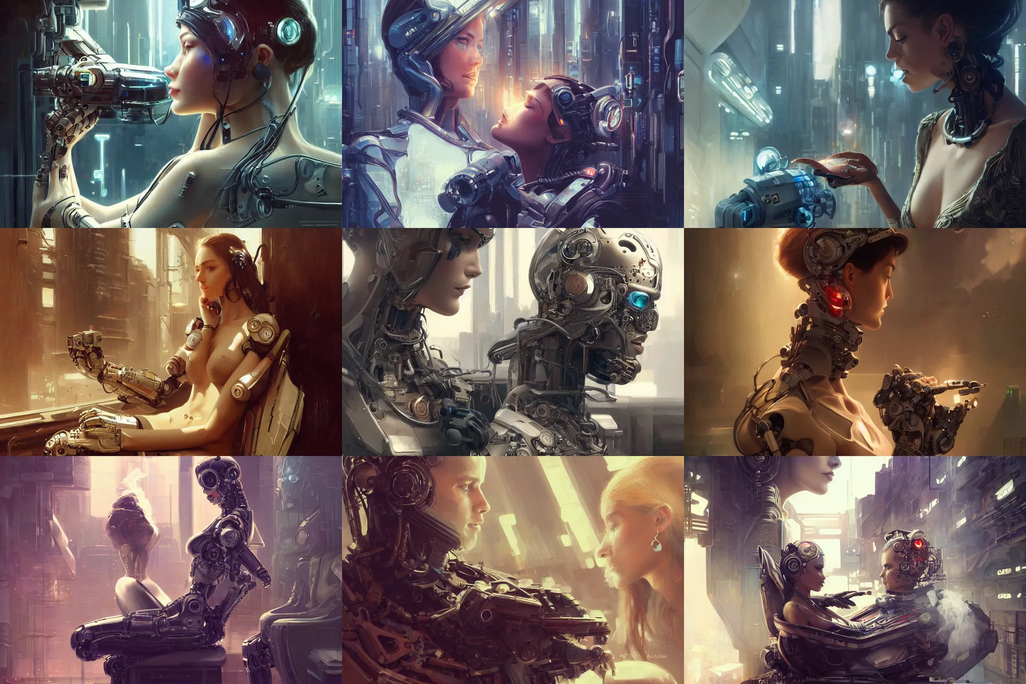 Prompt: Ultra realistic illustration, robot sitting smoking and many beautiful women around him.,beautiful face, cyberpunk, sci-fi, fantasy, intricate, elegant, highly detailed, digital painting, artstation, concept art, smooth, sharp focus, illustration, art by artgerm and greg rutkowski and alphonse mucha