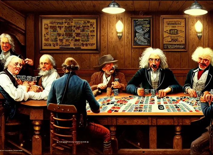 Image similar to isaac newton and stephen hawkins and albert einstein playing poker in an old west saloon, intricate, highly detailed, centered, digital painting, artstation, concept art, smooth, sharp focus, illustration, art by james gurney and norman rockwell and greg rutkowski