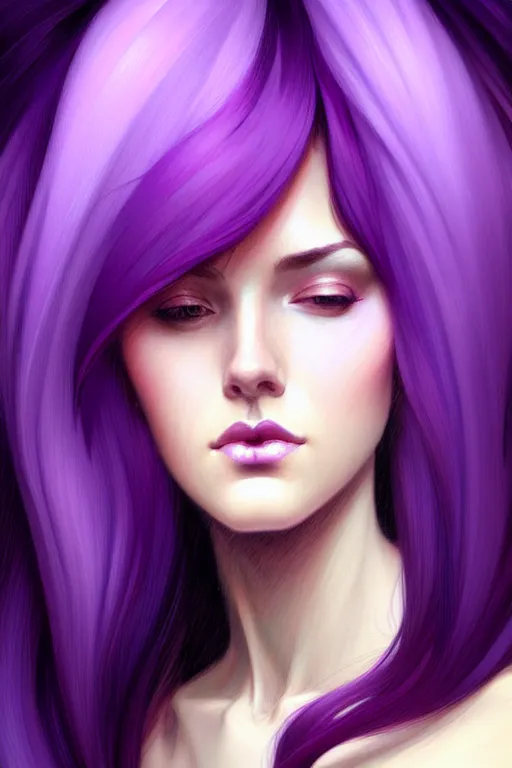 Image similar to Purple hair, creative colouring Portrait of woman face profile, fashion, colored strands of hair, intricate, elegant, highly detailed, digital painting, artstation, concept art, smooth, sharp focus, illustration, art by artgerm and greg rutkowski and alphonse mucha