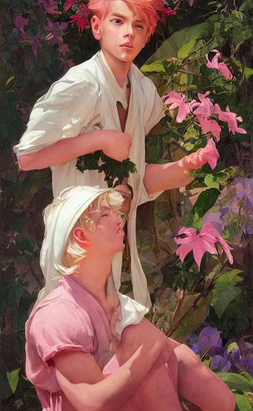 Image similar to androgynous cute pink haired teen boy wearing greek clothes, muted colors, colorful flowers, tropical, sunlight filtering through skin, j. c leyendecker, by alan lee, wlop! illustrated by starember, fantasy art by craig mullins cfg _ scale 8