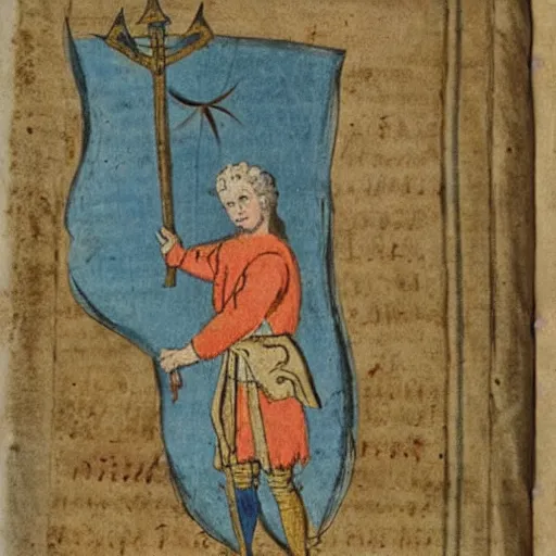 Image similar to a 1 8 th century illustration manuscript illustration of a medieval peasant holding a large blue trident above his head.