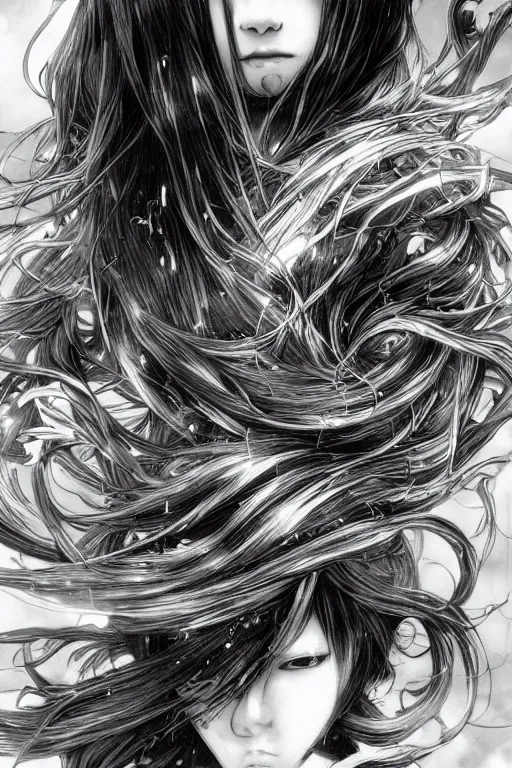 Image similar to a vertical portrait of a character in a scenic environment by Yoshitaka Amano, black and white, dreamy, cybernetic, wavy long black hair, highly detailed