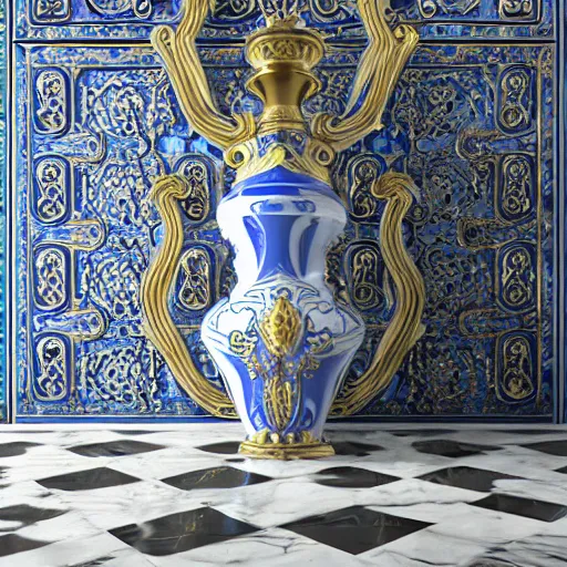 Image similar to an ornate baroque vase breaking on the marble tile floor, exploding into dust, dark - blue light - blue gold silver white black beige, volumetric dust rays, intricate detail, ultra realistic, cinematic lighting, moody, wet, shiny,