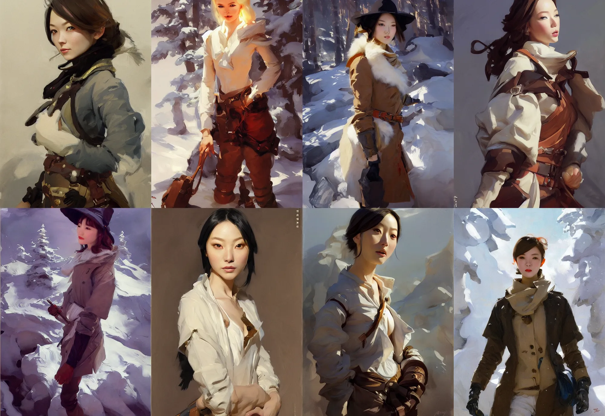 Prompt: portrait of russian japanese model girl jodhpurs hyperborea winter traveler treasure hunter greg manchess painting by sargent and leyendecker, fantasy, medium shot, asymmetrical, intricate, elegant, matte painting, illustration, hearthstone, by rhads, by greg rutkowski, by greg tocchini, by james gilleard, by joe fenton