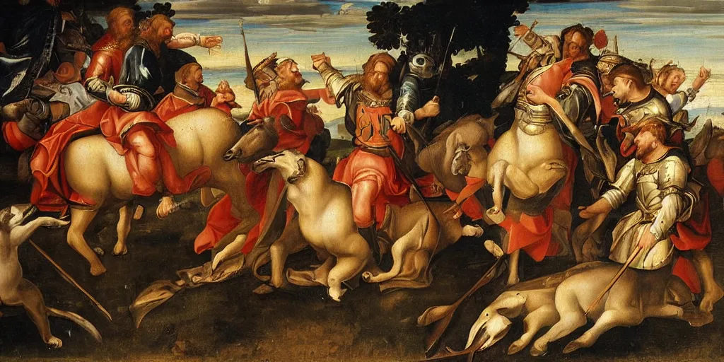 Prompt: renaissance-style painting of knights riding orcas instead of horses on a battlefield in Italy, very dramatic atmosphere,