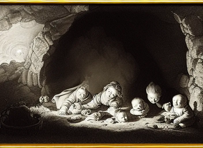 Image similar to Pieter Claesz's 'bear and her cubs sleeping in a dark cave lit by campfire', night time, cross hatching, framed