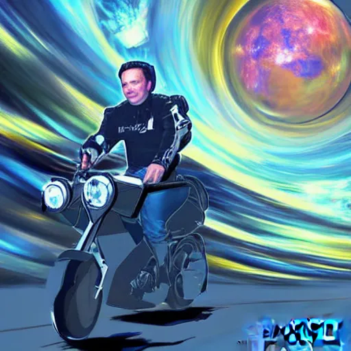 Prompt: elon musk riding motorcycle in space, digital art