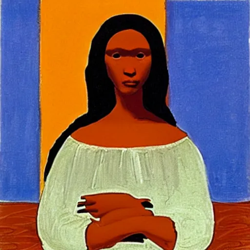 Image similar to an Afro American girl as Mona Lisa by Jacob Lawrence