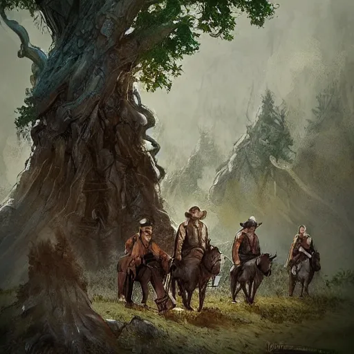 Image similar to hobbits wearing cowboy hats hiding under a the roots of a tree. wraiths on horses looking for them, artstation digital art