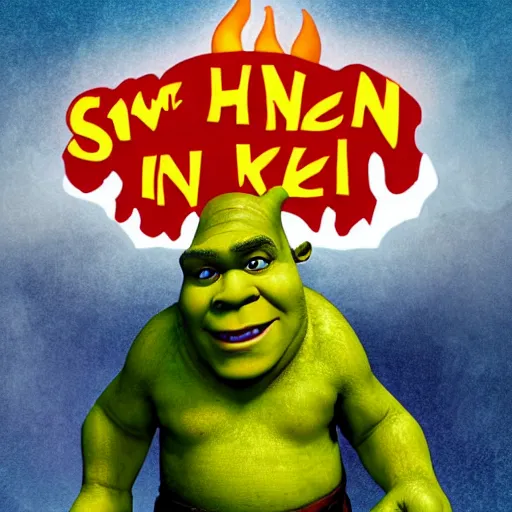 Image similar to shrek in hell, ominous, horror, flames, fire