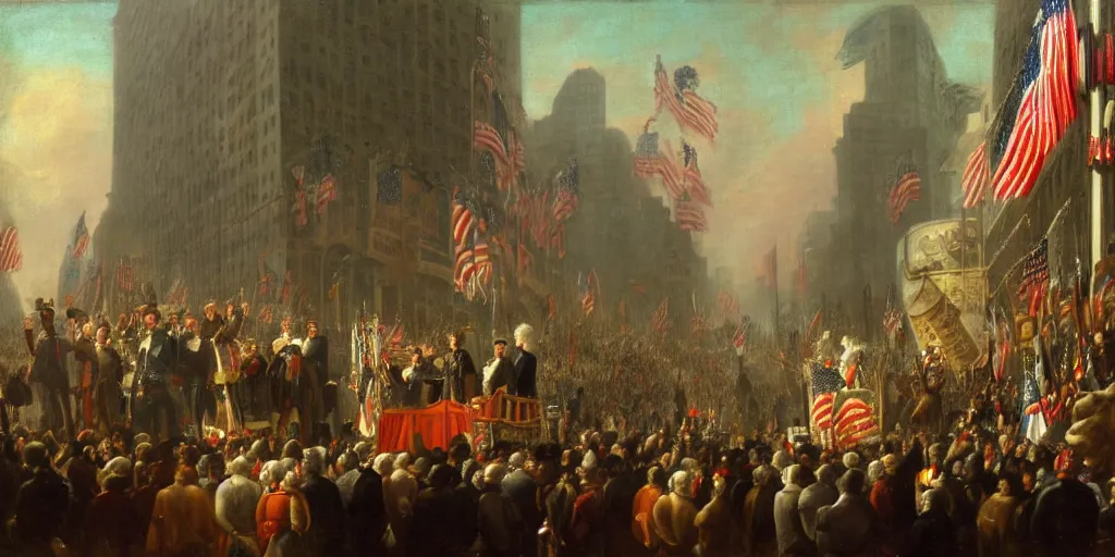 Image similar to a medium shot of george washington giving a speech in times square with bilboards in the backround and a large crowd carrying american flags and carrying torches by gerard seghers, the denial of st. peter