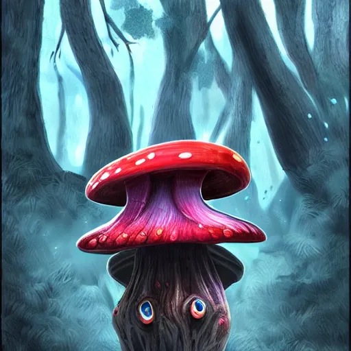 Prompt: digital art of a fantasy mushroom monster with sharp teeth lurking in the woods, dynamic lighting, photorealistic, art station