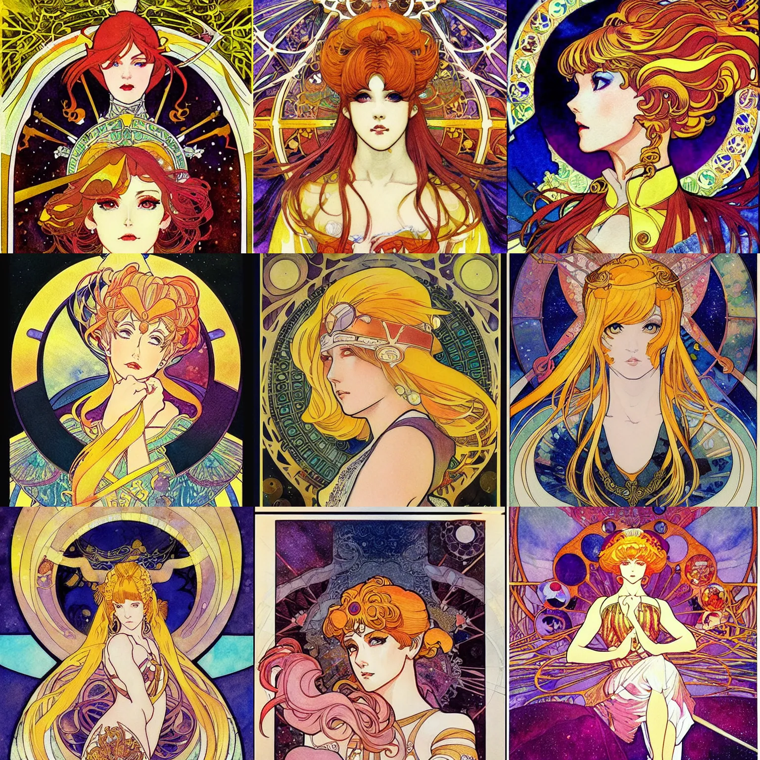 Prompt: the sailor galaxia. beautiful, realistic painting by mucha and kuvshinov and bilibin. watercolor, thick lining, manga, soviet realism