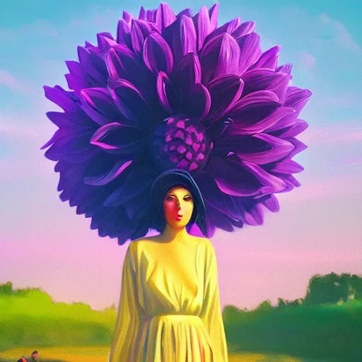 Image similar to portrait, giant purple dahlia flower head, woman in oasis, surreal photography, sunrise, blue sky, dramatic light, impressionist painting, digital painting, artstation, simon stalenhag