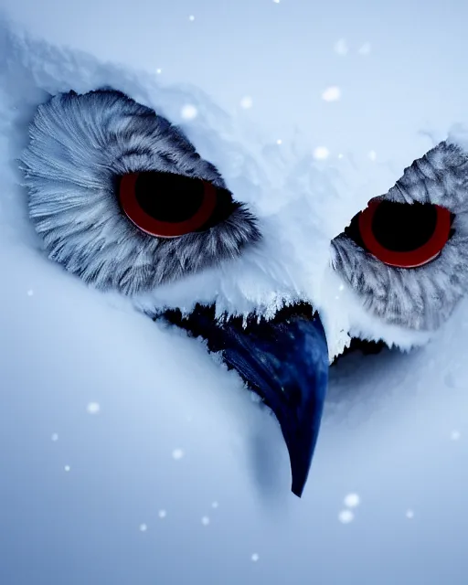 Prompt: closeup of a snow owls face, in the style of brian froud, digital art, unreal engine, volumetric lighting, dark moody lighting, post apocalyptic, 4 k